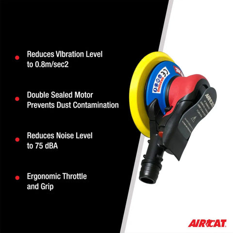 Pneumatic Orbital Palm Sander With Self Vacuum Dust Collection, 11,000 RPM, Low Vibration And Quiet 75 dBA highlighted features.