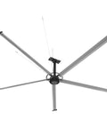 Heavy Duty 18Ft Hvls Industrial Ceiling Fan Serving Up Slick Air Flow To Warehouses And Factories Powered By 208-240V One Phase Voltage, shown from below.