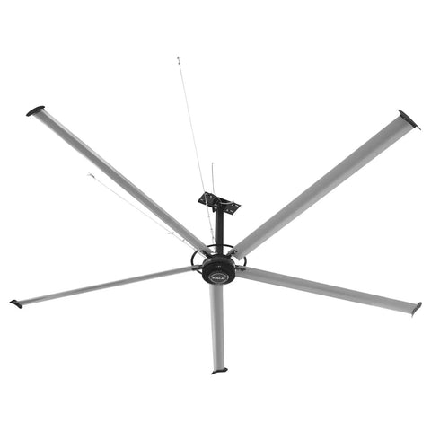 Heavy Duty 18Ft Hvls Industrial Ceiling Fan Serving Up Slick Air Flow To Warehouses And Factories Powered By 208-240V One Phase Voltage, shown from below.