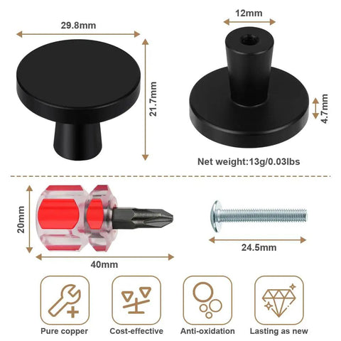 Top Shelf 4 Pack Matte Black Cabinet Knobs, Round Drawer Pulls And Modern Dresser Handles, detailed measurements and hardware included.