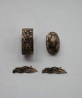 Antique Copper Tsuba And Fuchi Kashira Menuki Set For Samurai Sword Koshirae, detailed Japanese armor ornament design