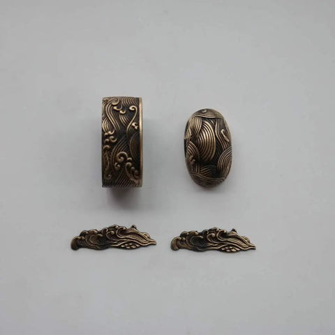 Antique Copper Tsuba And Fuchi Kashira Menuki Set For Samurai Sword Koshirae, detailed Japanese armor ornament design