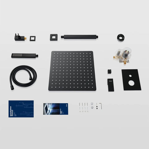 Components of Matte Black Shower System With 12 Inch Rain Shower Head And Handheld Spray, Wall Mount Faucet Set Laid Out