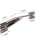 Spring Lid Hinge Set For Cabinets, Boxes, And Sofas, Left Or Right Mount, Down Support, Red Bronze Iron Finish with visible measurements.