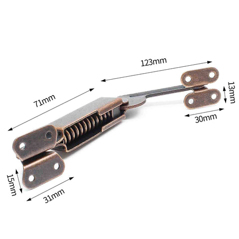 Spring Lid Hinge Set For Cabinets, Boxes, And Sofas, Left Or Right Mount, Down Support, Red Bronze Iron Finish with visible measurements.