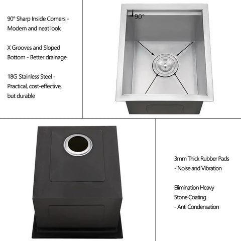 Undermount Stainless Steel Kitchen Bar Sink 15 x 18 x 9 Inches 18 Gauge with modern corners and drainage features.