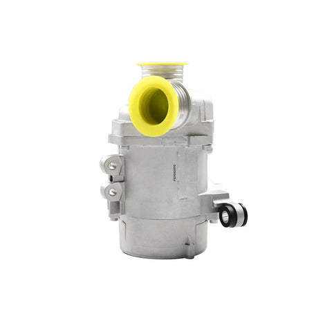 Top Rated Electric Water Pump And Mounting Bolts For BMW Cooling Systems Straight Fire Performance, silver assembly with yellow inlet.