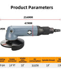 Badass 4 Inch Pneumatic Angle Grinder featuring stepless speed control shown with product dimensions and parameters.