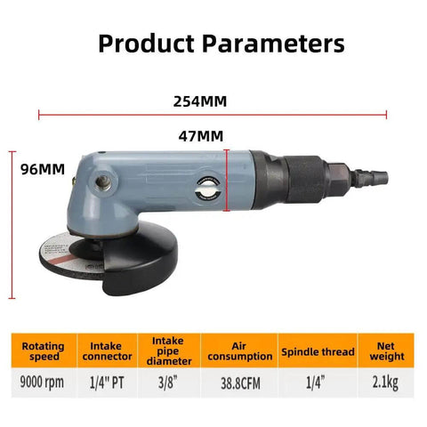 Badass 4 Inch Pneumatic Angle Grinder featuring stepless speed control shown with product dimensions and parameters.