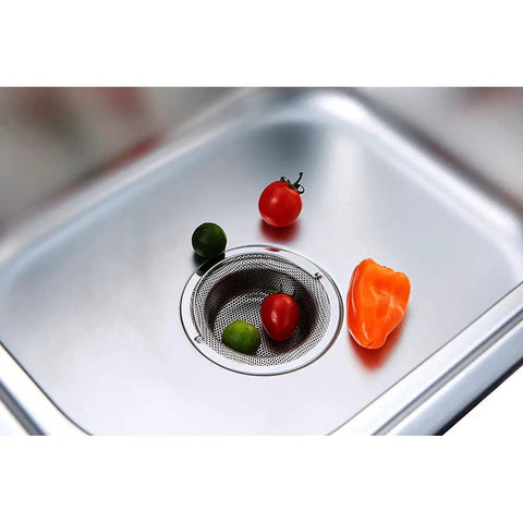 Two Pack Sink Strainer Basket With Handle Four Point Five Inch Diameter Stainless Steel Rust Free And Dishwasher Safe Fits Three Point Two To Four Point Two Inch Drain No Fuss Kitchen Cleanup in sink with vegetables