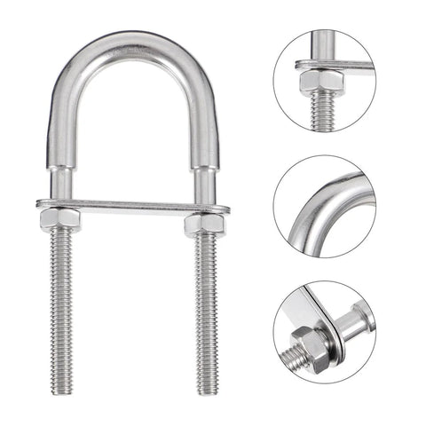 Front view of BEBEMOKO stainless steel U-bolt clamp with nuts and washers, M6x90, 304 SS for marine fastening