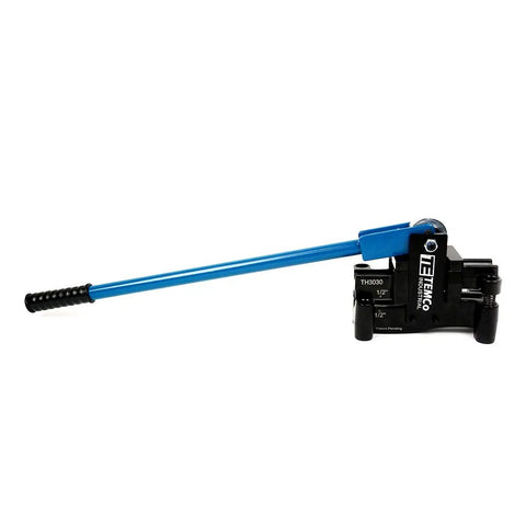 Dual Size Conduit Offset Bender 2 In 1 for Half Inch and Three Quarter Inch EMT with quick accurate offsets, black and blue tool