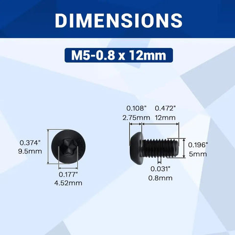 Dimensions of 100 Pcs M5 Button Head Torx Screws Black Oxide Grade 10.9 High Strength Alloy Steel M5-0.8 X 12Mm Fasteners
