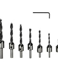 Heavy Duty 7 Piece Countersink Drill Bit Set For Woodworking, precision steel bits 3mm to 10mm with hex key, ideal for clean drilling.