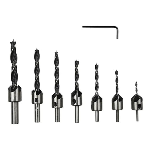 No Fuss Seven Piece Flute Countersink Drill Bit Set Built Tough With Precision Countersunk Head Designs And Razor Sharp Cutting Edges for woodworking.