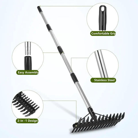 63 Inch Dethatcher Rake With Upgraded Dual Action Tines, 32-Tine Dual-Sided Head, Adjustable Garden Tool with stainless steel handle