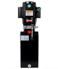 Greron 12V Dc Single Acting Hydraulic Pump Power Unit With Steel Reservoir And Sae Six Port, front view with control lever.