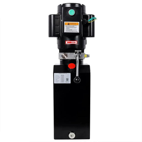 Heavy Duty Single Acting Hydraulic Power Unit With Steel Reservoir Pump For Dump Trailer Lift Gate Log Splitter Car Lift And Hydraulic Equipment Black Heavy Load, front view.
