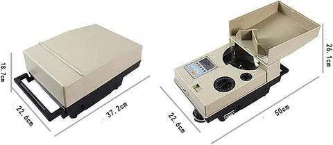 Built Different Automatic Coin Sorter And Money Counter With Bright Digital Display, showing dimensions and design.