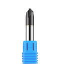 Front view of 3/8in solid carbide end mill with blue plastic holder; double-ended 4-flute chamfer
