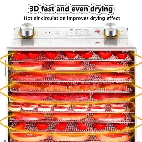 Rock Solid Stainless Steel Freeze Dryer Machine With Dual Airflow Fans Tempered Glass Front Panel And Precision Heat Setting For Even Drying with red tomatoes on trays.