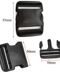 Built Tough Extra Thick Adjustable Side Release Buckles 2 Inch Wide 4 Pack, shown in black, various angles with measurements.