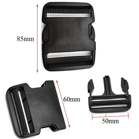 Built Tough Extra Thick Adjustable Side Release Buckles 2 Inch Wide 4 Pack, shown in black, various angles with measurements.