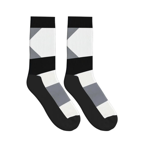 Fresh Black And White Piano Grid Print Crew Socks For Men And Women Straight Up Comfy Polyester Athletic Hosiery in a geometric design.