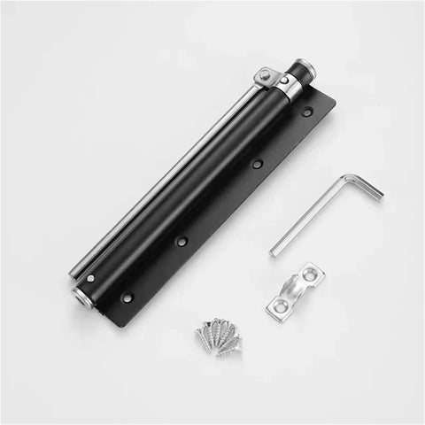 Adjustable Auto Close Door Closure For Outdoor Gates Aluminum Alloy Gate Closer shown with mounting hardware and tools