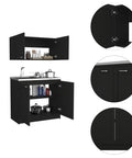 Black Two Piece Cabinet Set With Integrated Countertop Versatile Storage Solution For Bathrooms And Kitchens with open doors.
