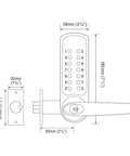 Heavy Duty Mechanical Gate Lock Kit with Slick Brushed Finish dimensions and keypad design for keyless entry access.