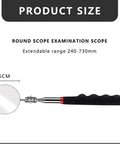 Six Pack Extended Handle Telescopic Inspection Mirror Set With 50mm Round Mirrors 360 Degree Rotating Heads Stainless Steel Folding Design In Black For Car Maintenance And Tight Spot Inspections showing extendable range 240-730mm