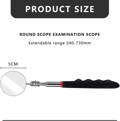 Six Pack Extended Handle Telescopic Inspection Mirror Set With 50mm Round Mirrors 360 Degree Rotating Heads Stainless Steel Folding Design In Black For Car Maintenance And Tight Spot Inspections showing extendable range 240-730mm