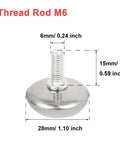 30 Piece Adjustable Furniture Leveler Pads to Kick the Wobble Out of Your Tables and Dressers with Scratch Proof Plastic Discs and No Stress M6 Threads for a Sweet Home Setup showing dimensions and threaded rod.