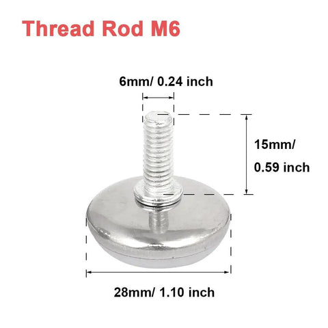 30 Piece Adjustable Furniture Leveler Pads to Kick the Wobble Out of Your Tables and Dressers with Scratch Proof Plastic Discs and No Stress M6 Threads for a Sweet Home Setup showing dimensions and threaded rod.