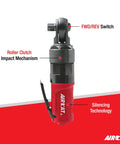 Labelled view of Three Eighths Inch Compact Pneumatic Impact Ratchet Delivers 50 Foot Pounds Of Torque At 550 RPM With Forward And Reverse