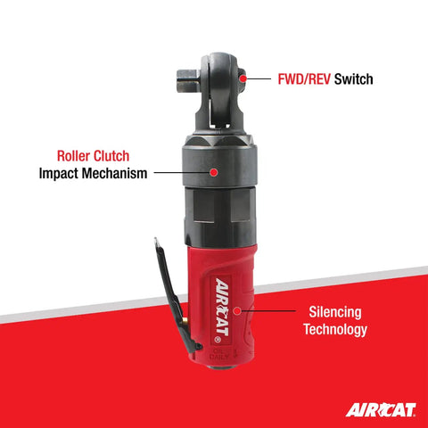 Labelled view of Three Eighths Inch Compact Pneumatic Impact Ratchet Delivers 50 Foot Pounds Of Torque At 550 RPM With Forward And Reverse