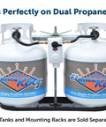 Flame King dual propane cylinder rack with two 20 lb tanks and central regulator