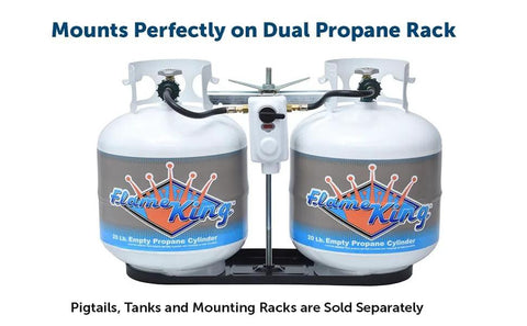 Flame King dual propane cylinder rack with two 20 lb tanks and central regulator