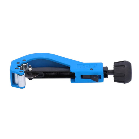 Heavy Duty PVC Tube Cutter With Easy Grip Handle For Effortless Cuts On PVC And Copper Pipes, iron and steel build, blue tool.