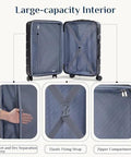 Interior view of Three Piece Hardside Luggage Set With Spinner Wheels For Easy Travel No Sweat, showing compartments and straps