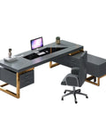 Solid As A Rock L Shaped Desk With Blue And Gold Finishes Heavy Duty Executive Computer Table Workhorse For Modern Home Office Setup Featuring Deep Drawer And Level Base, featuring sleek design and ergonomic chair.