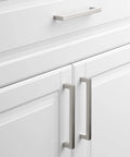 5 Inch Brushed Nickel Cabinet Pulls 10 Pack Square Handles Modern Stainless Steel Hardware For Cabinets Drawers Dressers Closets Smooth Brushed Nickel Finish Center Hole 5 Inch For Easy Installation installed on white cabinets