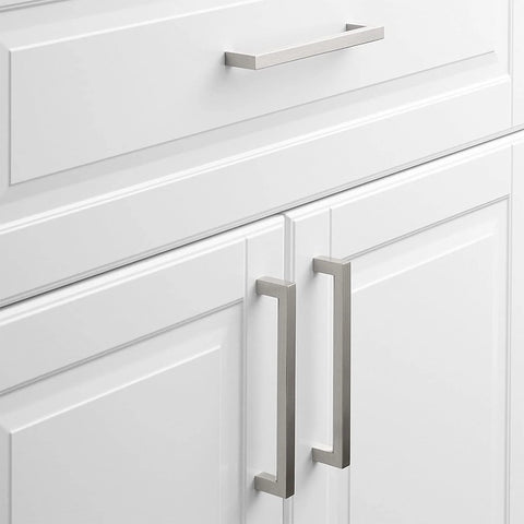 5 Inch Brushed Nickel Cabinet Pulls 10 Pack Square Handles Modern Stainless Steel Hardware For Cabinets Drawers Dressers Closets Smooth Brushed Nickel Finish Center Hole 5 Inch For Easy Installation installed on white cabinets