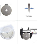 45mm Rotary Cutter Blades, 10 Pack, shown with dimensions, blade thickness, storage case, and caliper measurement for quilting and crafts.