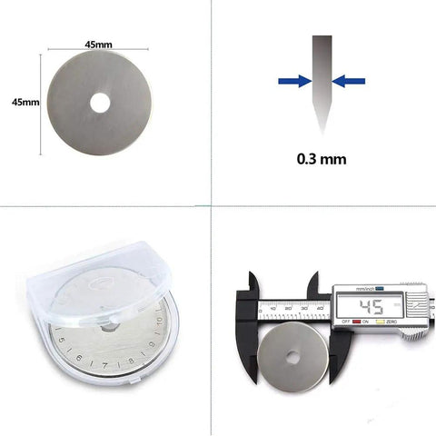 45mm Rotary Cutter Blades, 10 Pack, shown with dimensions, blade thickness, storage case, and caliper measurement for quilting and crafts.