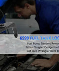 Mechanic using 6599 Fuel Tank Lock Ring Tool for quick no fuss fuel pump sender removal and installation on vehicles shown.