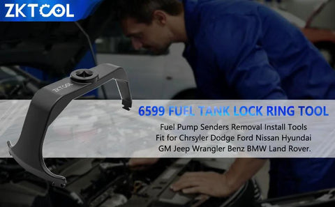 Mechanic using 6599 Fuel Tank Lock Ring Tool for quick no fuss fuel pump sender removal and installation on vehicles shown.