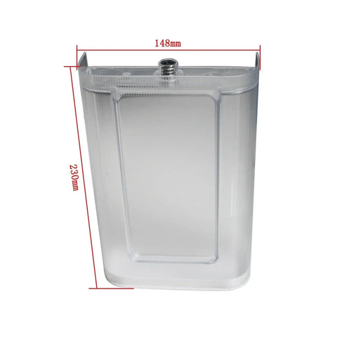 Front view of high capacity water tank for capsule coffee makers that work with Nespresso F111 EN500, showing dimensions.