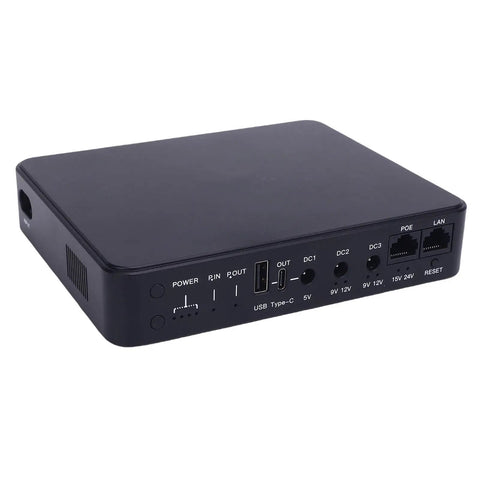 Heavy Duty Ups Power Supply With 10400Mah Portable Battery Backup, black UPS with various output ports.